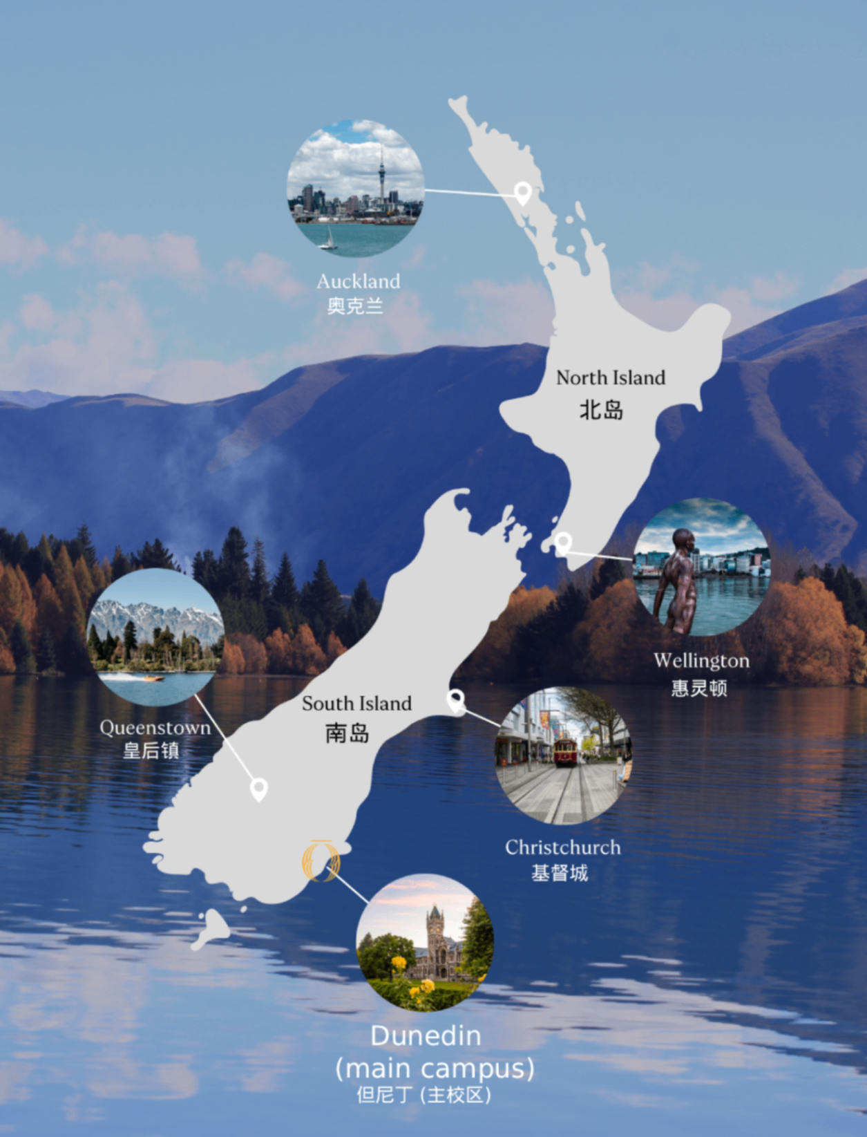 New Zealand map showing Otago's Dunedin campus